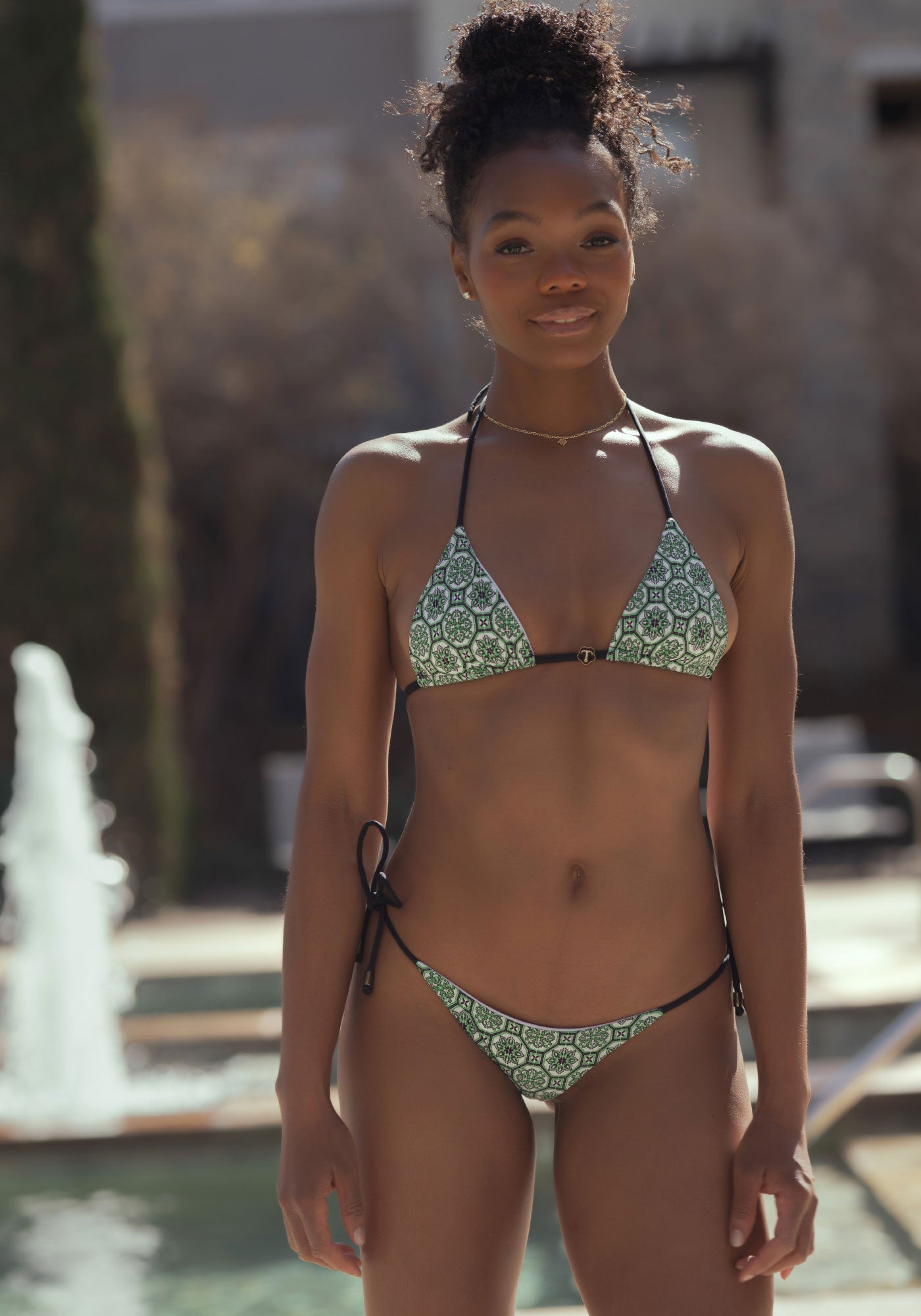Micro String Triangle Mosaic Tile Green Bikini Top