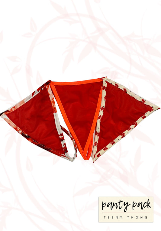 Exclusive panty packs with teeny thongs in red and print mix